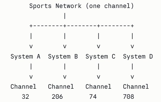 Diagram showing one sports network appearing on four different channel numbers across four different local cable systems