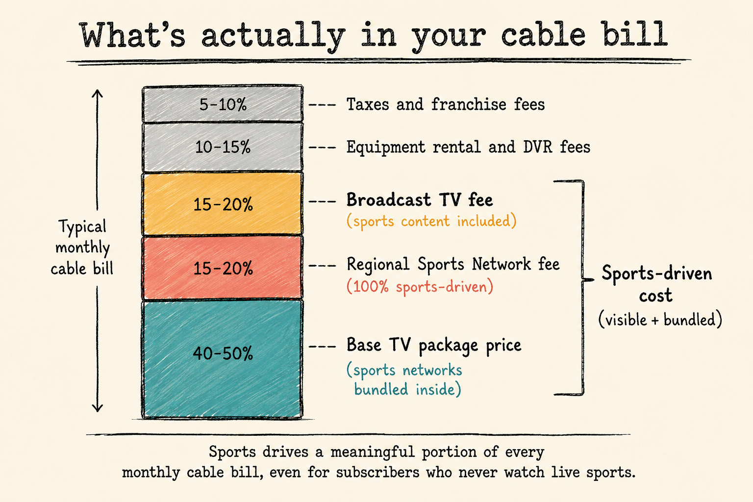 Stacked diagram showing how a typical monthly cable bill breaks down into components: base TV package, Regional Sports Network fee, Broadcast TV fee, equipment and DVR fees, and taxes and franchise fees, with the sports-driven portion highlighted as a major contributor to the total cost