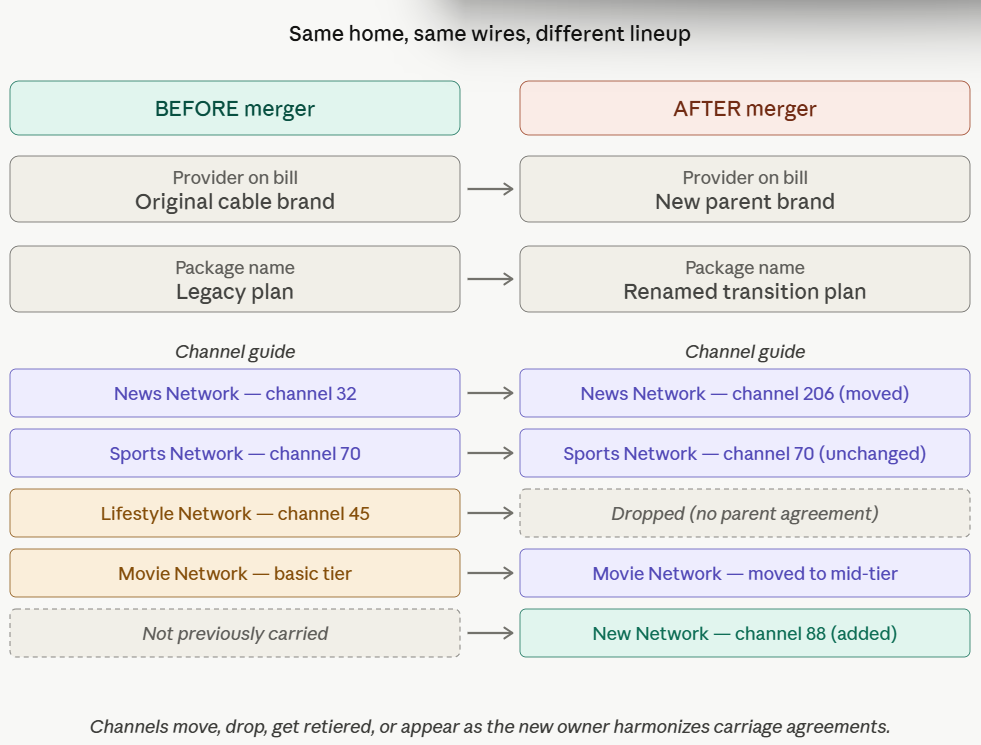 Side-by-side comparison showing how a subscriber's cable lineup changes after a provider merger: provider brand changes, package name changes, channel numbers shift, some channels are dropped, some are moved to higher tiers, and new channels appear from the parent company's lineup