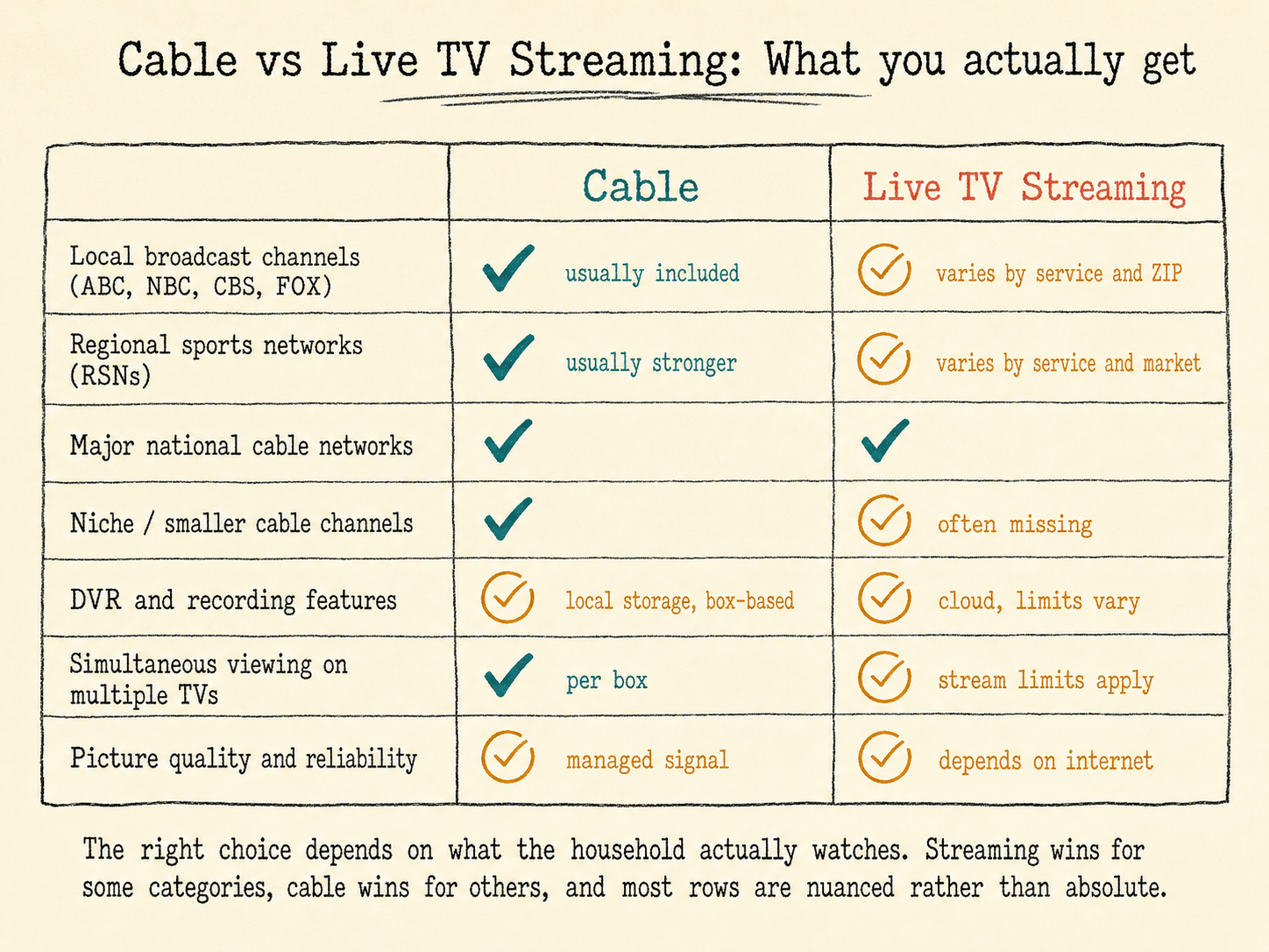 Two-column comparison diagram showing how cable TV and live TV streaming deliver across seven categories: local broadcast channels, regional sports networks, major national cable networks, niche cable channels, DVR features, simultaneous viewing, and picture quality. Most categories show partial or nuanced differences rather than clear-cut advantages for either option.