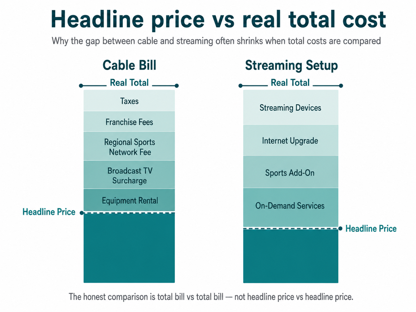 Two-column stacked-bar infographic comparing cable and streaming total monthly costs. The left column shows a Cable Bill bar with a dashed headline-price line near the bottom and additional stacked segments above it for equipment rental, broadcast TV surcharge, regional sports network fee, franchise fees, and taxes, ending in a Real Total marker at the top. The right column shows a Streaming Setup bar with a similar dashed headline-price line, with stacked segments above for on-demand services, sports add-on, internet upgrade, and streaming devices, ending in its own Real Total marker. The two headline-price lines are at different heights, but the two Real Total marks land much closer together, illustrating that the gap between cable and streaming narrows considerably once total costs are compared instead of headline prices.