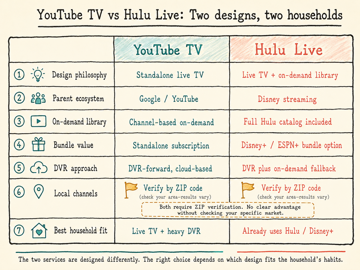 Two-column comparison diagram showing structural differences between YouTube TV and Hulu Live across seven categories: design philosophy, parent ecosystem, on-demand library, bundle value, DVR approach, local channels (with a note that both require ZIP-code verification), and best household fit. The visual emphasizes that the two services are designed around different philosophies rather than competing on identical features.